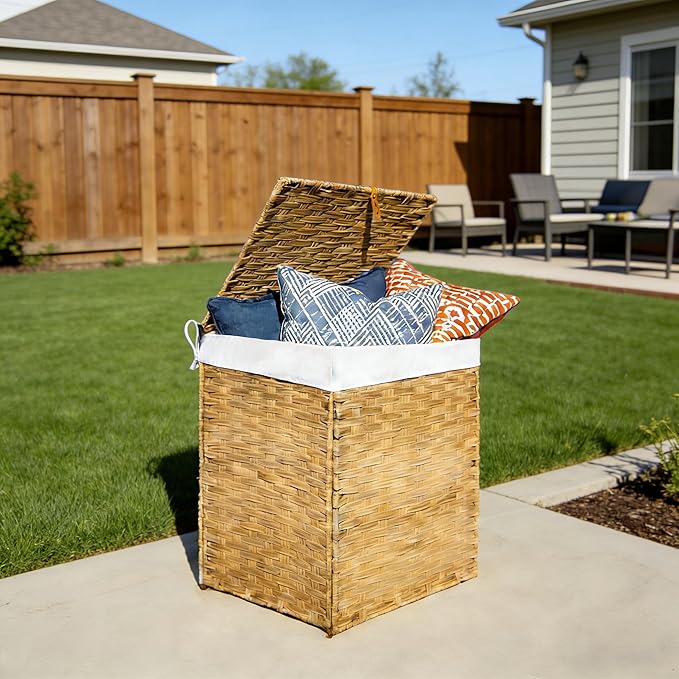 130L Foldable Outdoor Wicker Storage Basket with Lid - Patio Storage Hamper with Removable,Machine Washable 2-Compartment Liner & Handles for Clothes,Pillows,Bedding(Yellow)