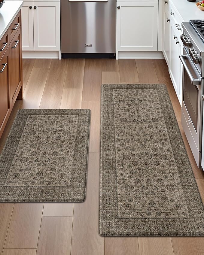 DEXI Kitchen Mats for Floor Cushioned, 23x35+23x59 Extra Large Runner Rug Non Slip, Waterproof Soft Comfort Standing Padded Anti Fatigue Decorative Set of 2, Brown