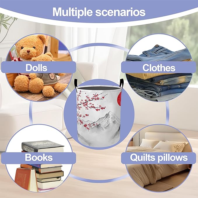 Japan Fuji Mountain Laundry Basket, Cherry Oxford Cloth Laundry Hamper With Handle Foldable Portable Clothes Storage Basket Storage Bag For Laundry Room/Bathroom/Bedroom/Dormitories