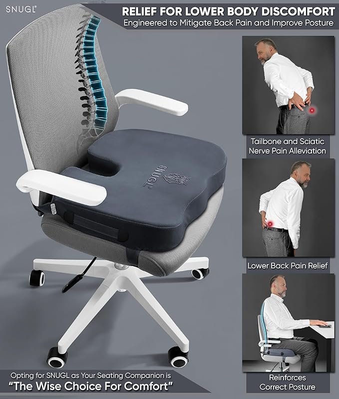 SNUGL Seat Cushion for Tailbone & Back Pain Relief – Orthopedic Memory Foam Coccyx Pillow for Office, Desk & Gaming Chairs – Sciatica & Lower Back Pain Relief, Long Sitting Comfort