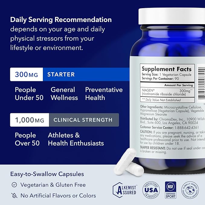 TRU NIAGEN Patented NAD Supplement for Anti Aging and Cell Regeneration, 300 mg Niagen, 90 Servings | Supports Cellular Energy, Brain, Muscle | Nicotinamide Riboside (NR) Take 1 Daily | 2 Bottles