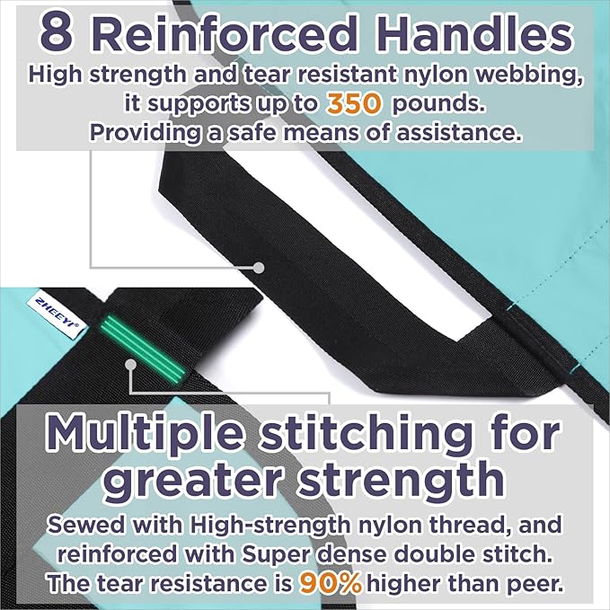 Positioning Bed Pad with Reinforced Handles 43" x 36" Patient Transfer Sheet Aid Assistant for Body Lifting, Turning, Repositioning, for Elderly, Incontinence, Caregiver, Aqua Blue