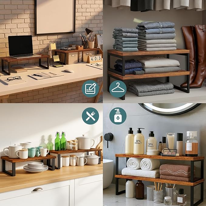 Sben Cabinet Organizer Shelf, Set of 2 Kitchen Counter Shelves, Kitchen Storage, Spice Rack, Stackable, Expandable, Metal and Engineered Wood, Ink Black and Rustic Brown