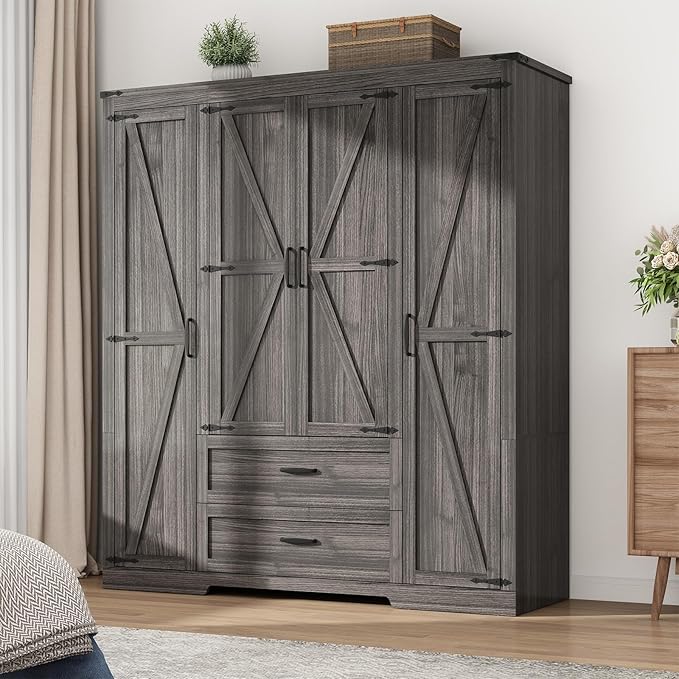 4 Doors Wardrobe Armoire Closet with Doors and Drawers, Farmhouse Wooden Armoire Storage Cabinet with Shelves & Hanging Rod for Bedroom, Grey