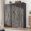 4 Doors Wardrobe Armoire Closet with Doors and Drawers, Farmhouse Wooden Armoire Storage Cabinet with Shelves & Hanging Rod for Bedroom, Grey