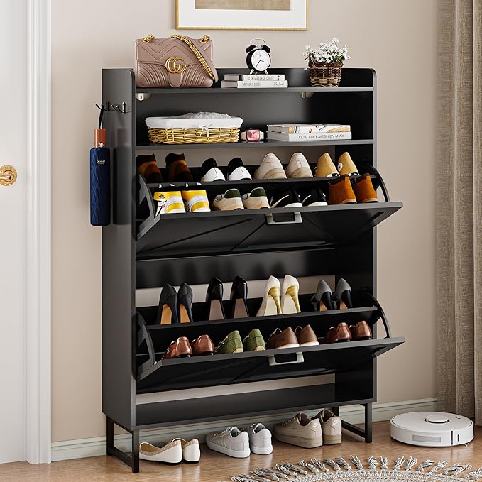 Shoe Cabinet with 2 Flip Drawers, 45" Freestanding Narrow Wood Shoe Storage Cabinet with Metal Legs and Hooks, Slim Shoe Rack Organizer for Entryway, Hallway, Black