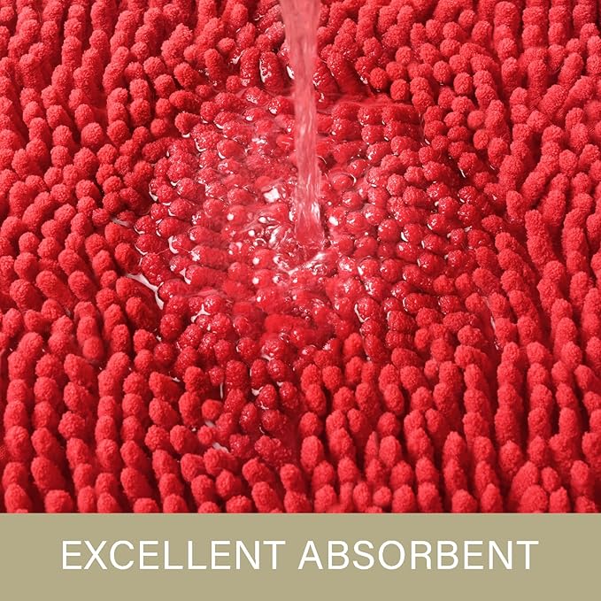 LOCHAS Luxury Bathroom Rug Shaggy Bath Mat 24 x 60 Inch, Washable Non Slip Bath Rugs for Bathroom Shower, Soft Plush Chenille Absorbent Carpets Mats, Red