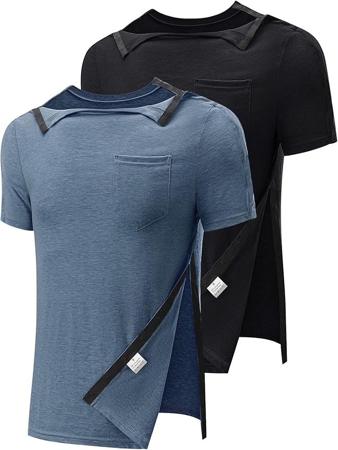 Poriff Men's Post Shoulder Surgery Recovery Shirts Full Tear Away Short Sleeve Snap Chemo Port Access Shirt