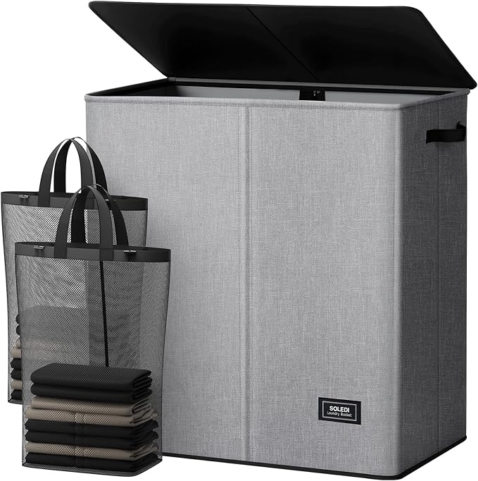 SOLEDI Large Double Laundry Hamper with Lid, Collapsible Clothes Hamper 2 section with Removable Bags, Space-Saving Laundry Basket for Bedroom, Dorm, College