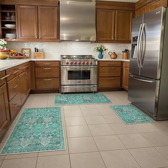 GENIMO Kitchen Mats for Floor Set of 3 Non-Slip Washable, Waterproof Lightweight Kitchen Rugs, Kitchen Floor Mat Runner Rug Carpet for Laundry, Sink, Hallway, Bathroom, Entryway, Dark Green