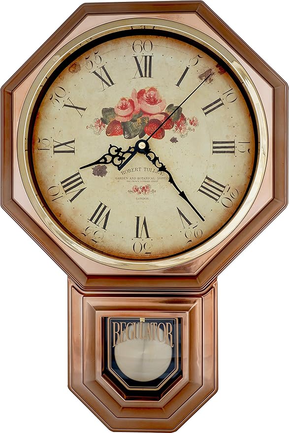 JUSTIME Traditional Schoolhouse Classic Vintage Rose Regulator Wall Clock, Chiming Wall Clocks with Pendulum & Westminster Chime Hourly, Schoolhouse Wall Decor Battery Operated (Vintage Copper)
