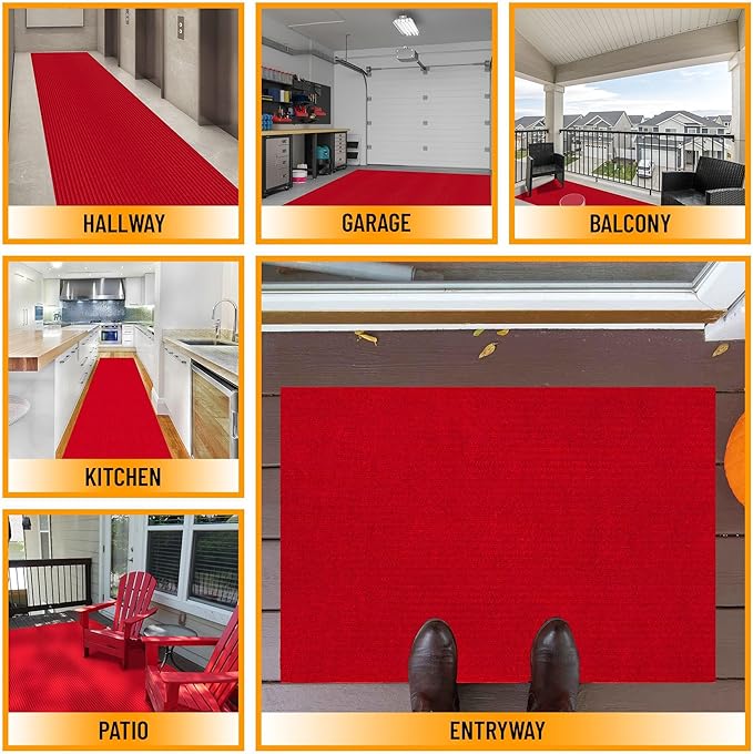 Ottomanson 2' x 38' Hallway Runner with Scraper Pile - Extra Durable Non-Slip Rug Mat for Indoor & Outdoor Use - Ideal for Kitchen, Entryway, Patio & Garage - High-Traffic Carpet, Red