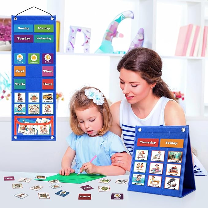 Visual Schedule for Kids Chore Chart，103 Daily Schedule Board Routine Pocket Chart Cards for Toddlers,Autism Learning Material Tool Wall Planner for Home School with 3 in 1 Cards Gift for Kids