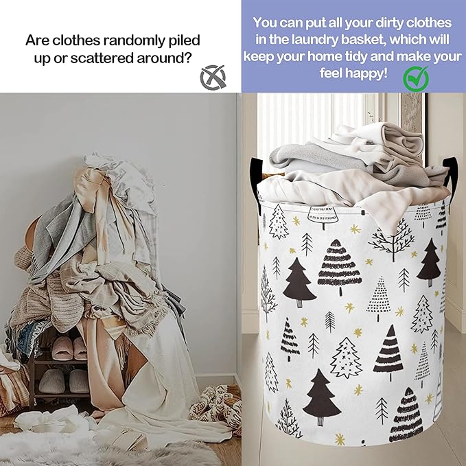 Black White Christmas Tree Laundry Basket-Large Foldable Hamper Holder Portable Tall Collapsible Laundry Hamper Storage Basket Bin with Handles, Canvas & Waterproof lining for Household Items
