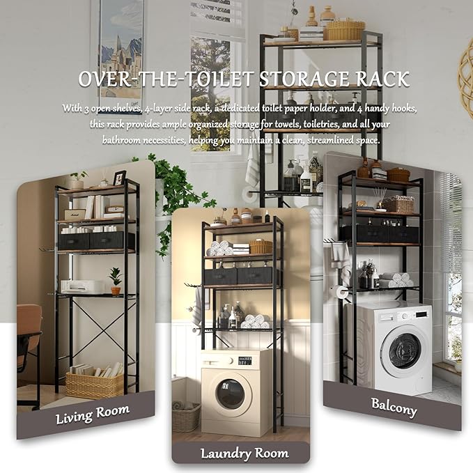 homyfort Over The Toilet Storage Cabinet, 3-Tier Bathroom Shelves Over Toilet, Easy Installation with Drain Basket, Side Rack, X Shape Side Guardrail, Freestanding Toilet Rack for Balcony, Laundry