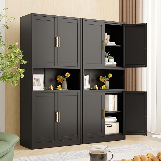 61.02" Kitchen Pantry Cabinet, Large Metal Storage Cabinet with 4 Doors and 1 Open Storage Compartment, Corner Display Organizer with 2 Adjustable Shelves for Kitchen Bedroom or Hallways