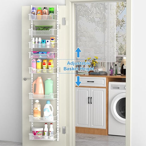 12.3" W Narrow Over the Door Pantry Organizer, 8-Tier Over the Door Organizer with Adjustable Basket, Pantry Door Organization for Pantry Kitchen Storage Room Spice Rack, White