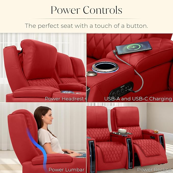 Seatcraft Apex Zero-Gravity CoolZero Italian Leather Home Theater Seating, Powered Headrest, Powered Lumbar, Powered Recline, Row of 4, Red