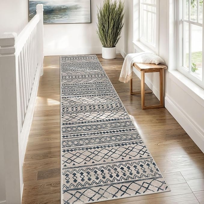 KUTA Boho Runners for Hallways 2x8 Light Brown Black Moroccan Washable Runner Rug Non-Slip Vintage Kitchen Rugs Ultra Soft Distressed Geometric Floor Carpet for Bedroom Laundry Living Room
