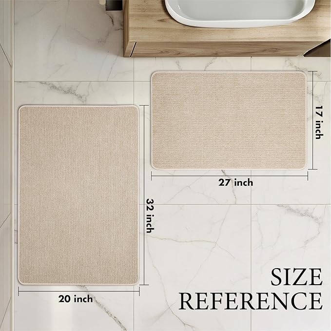 MIULEE Set of 2 Ultra Thin Bathroom Rugs, Rubber Bath Mats for Bathroom Non Slip, Quick Dry Absorbent Bath Rug Machine Washable, Fit Under Door, Shower, Sink, Home Decor, Light Beige, 17"x27"+20"x32"