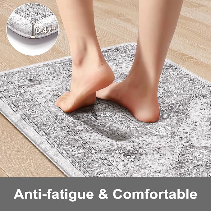 KIMODE Anti Fatigue Kitchen Mat, Cushioned Boho Distressed Kitchen Runner, Non Slip Memory Foam Kitchen Mat for Floor, Waterproof Standing Desk Mat for Laundry, Office, Sink Grey Brown 20"x39"