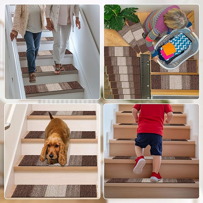 OLANLY Stair Treads Non Slip 15PCS, 8" x 30" Indoor Stair Runners for Wooden Steps, Edging Stair Rugs with Reusable Peel and Stick Adhesive for Kids Elders and Pets, Brown