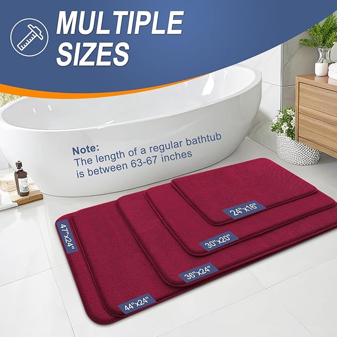 OLANLY Thick Memory Foam Bath Mat Rug 70x24, Extra Soft Absorbent Bathroom Rug, Quick Dry Bath Mats, Non-Slip, Machine Washable Carpet for Bathroom, Tub and Shower, Home Decor Accessories, Burgundy