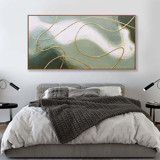 Abstract Wall Art Minimalism Green White and Gold Lines Boho Canvas Wall Decor Framed Artwork Modern Home Wall Decor for Living Room Bedroom Office 20"x40"