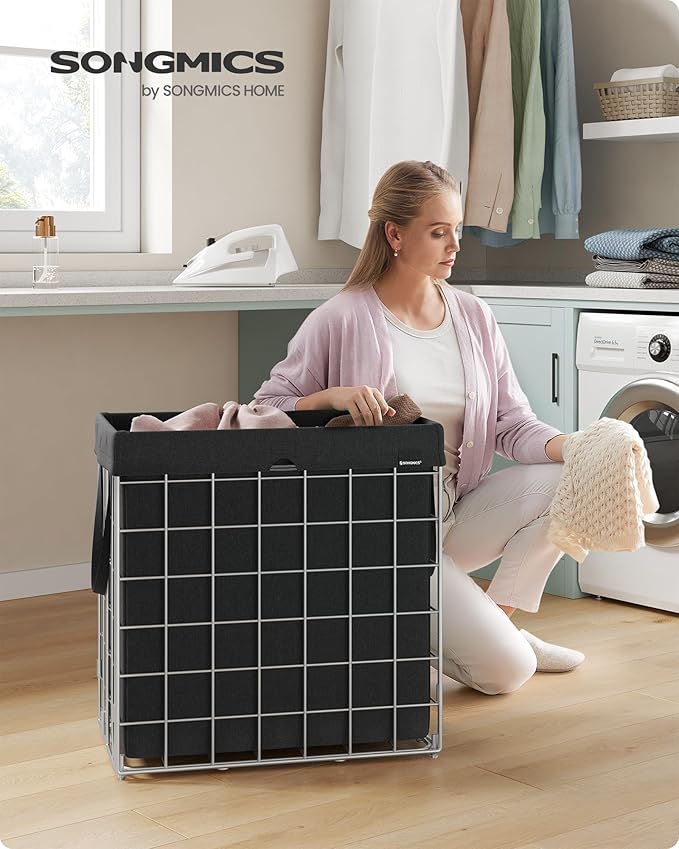 SONGMICS 29 Gal. (110L) Laundry Basket, Laundry Hamper, Collapsible Clothes Hamper, Removable and Washable Liner, Metal Wire Frame, for Bedroom Bathroom, Silver and Classic Black ULCB111B01