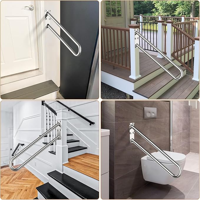 28 Inch Stainless Steel Handrail for 1-5 Steps- 1.25" Tube, ZUEXT Chrome Finished U Shape Safety Grab Bar for Stairs, Wall Mount Handicap Hand Railing for Outdoor Garage Interior Exterior Stairway