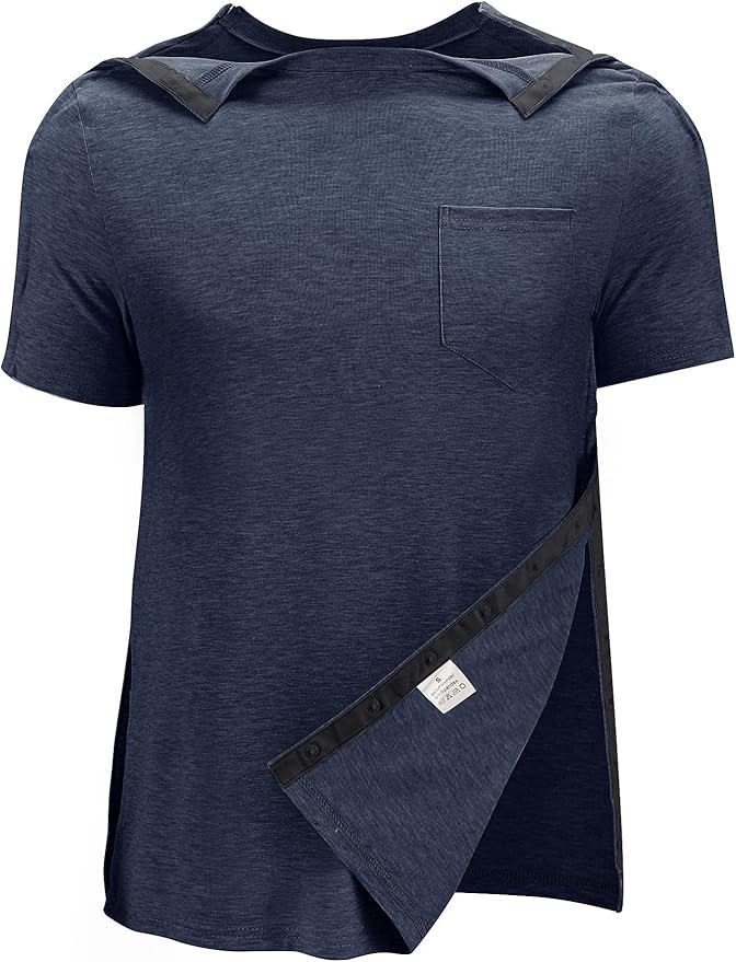 Poriff Men's Post Shoulder Surgery Recovery Shirts Full Tear Away Short Sleeve Snap Chemo Port Access Shirt