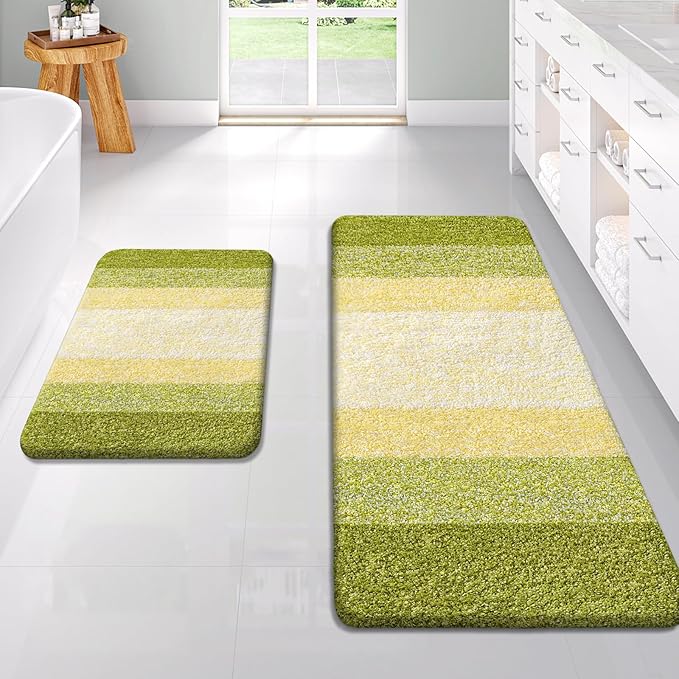 OLANLY Bathroom Rug Set 2 Piece, Soft Absorbent Microfiber Bath Rug Set, Non-Slip, Machine Wash Dry, Plush Shaggy Bath Mats for Bathroom (47"x20"+24"x16", Olive Green)