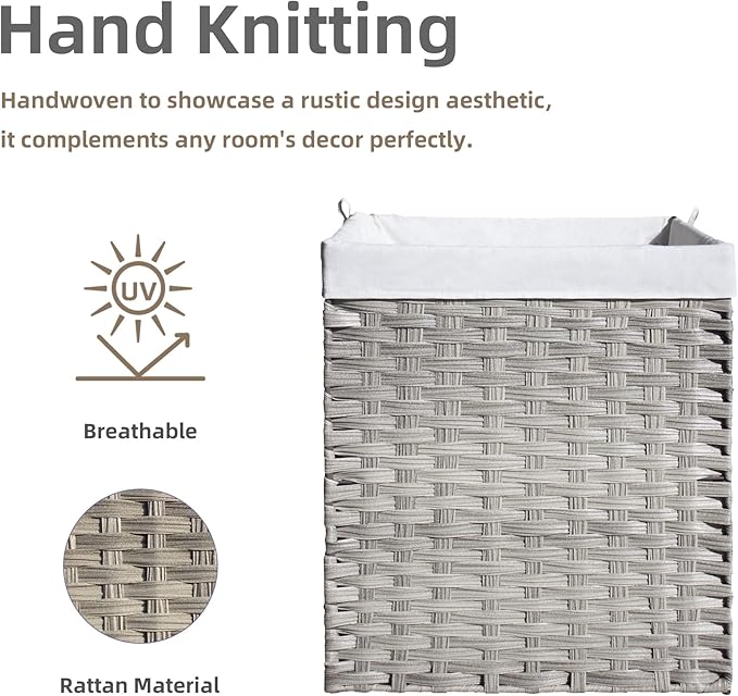 Woven Rattan Laundry Hamper with Lid & Handles,130L Foldable Laundry Basket Includes Machine Washable Removable Liner with 2 Compartments for Storage Basket for Bedroom, Bathroom (Gray)