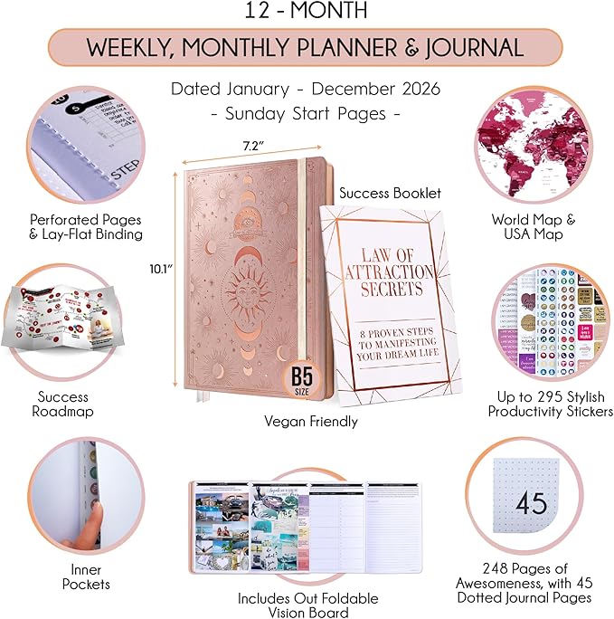 Deluxe 2026 Planner Weekly and Monthly | Law of Attraction Planner with Productivity App | 12-Month for Productivity, Gratitude & Goal Setting | Includes Foldable Vision Board, Gift Box & Stickers