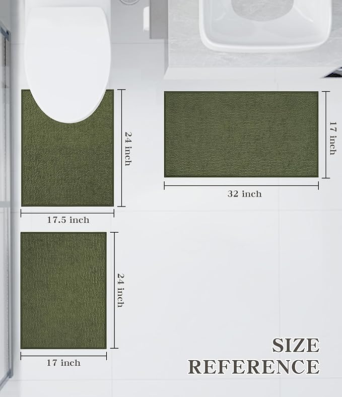 Chakme 3 Piece Bathroom Rug Sets, Ultra Thin Bath Mat, Absorbent & Quick Drying, Non Slip, Durable, Easy to Clean, Geometric, Dark Green, 17" x 24" / 17" x 30" / 17" x 59"