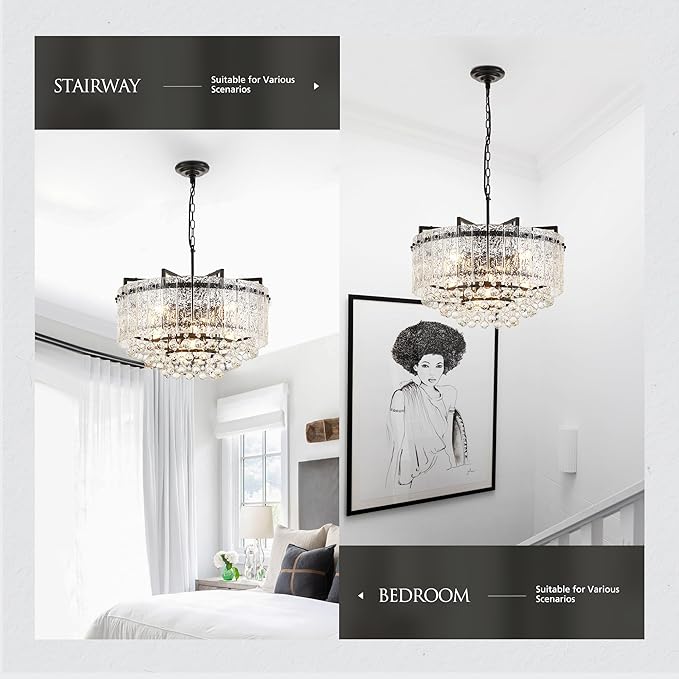 22.2" 10-Light Modern Glass Chandelier Light Fixtures Black 3-Tier Crystal Beads Chandeliers for Dining Room Round Hanging Ceiling Pendant Lighting for Kitchen Island Entryway Foyer Hallway