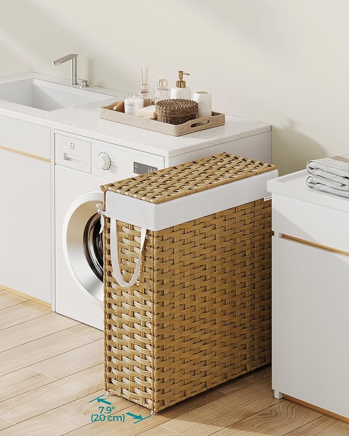 SONGMICS Slim Laundry Hamper with Lid, 14.5 Gallon (55L) Rattan Clothes Laundry Basket with Lid and Handles, Foldable, Removable Liner, Goose Yellow ULCB164N01