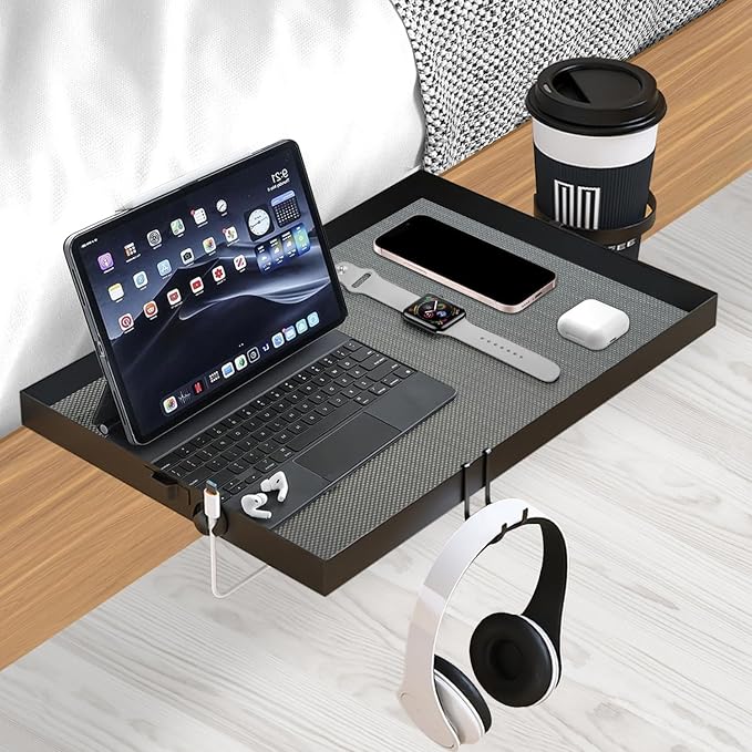 Metal Bedside Shelf for Bunk Bed & Top Bunk, Clip On Bed Side Table Tray Organizer for College Dorm Room,Loft Nightstand, Organizer Tray with Hook, Cord Clip and Cup Holder (Black)