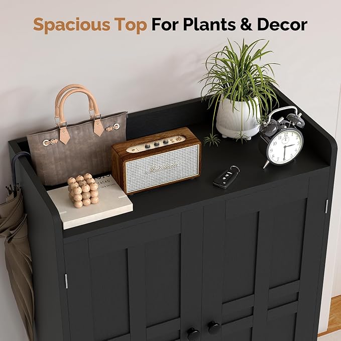 Entryway Shoe Cabinet with Doors, 6-Tier Farmhouse Shoes Storage Organizer with Adjustable Shelves Holds 18-25 Pairs and Metal Legs, Entryway Cabinet Organizer, Living Room (Black)