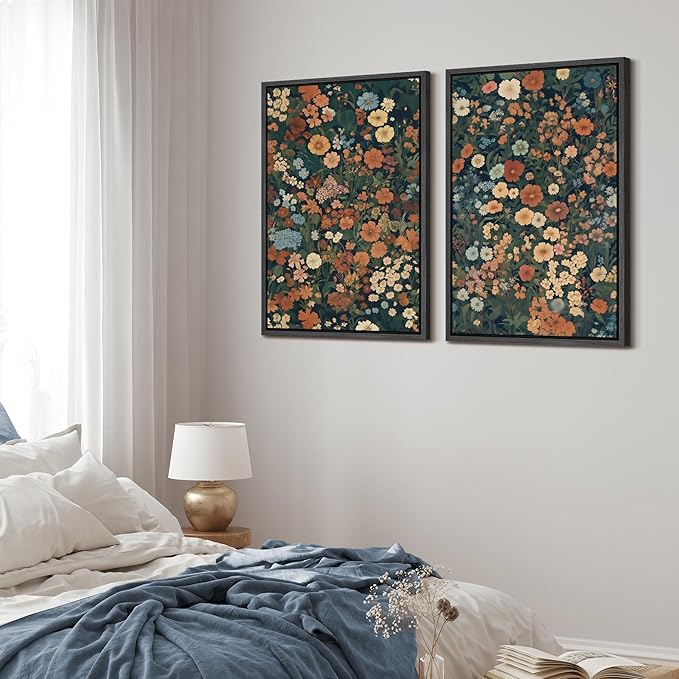 MUDECOR Framed Canvas Print Wall Art Vintage Floral Botanical Colorful Wildflowers Illustrations Modern Art Decorative Bohemian Colorful for Living Room, Bedroom, Office - 16"x24"x2 Black