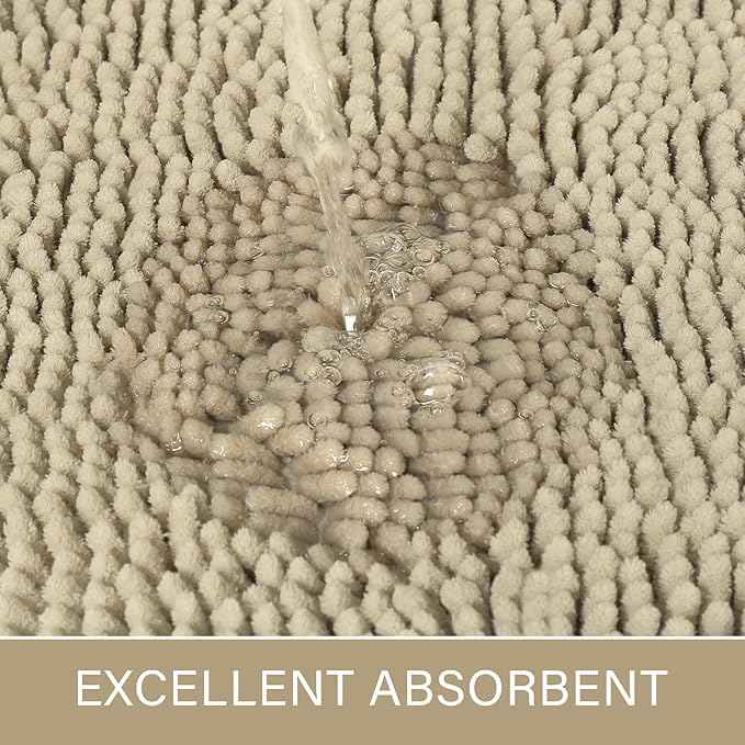 LOCHAS Luxury Bathroom Rug Shaggy Bath Mat 24 x 44 Inch, Washable Non Slip Bath Rugs for Bathroom Shower, Soft Plush Chenille Absorbent Carpets Mats, Beige