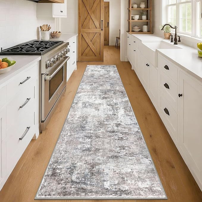 Modern Abstract 3x14 Runner Rug, Beige Grey Neutral Washable Long Kitchen Runner Non-Slip Soft Hallway Rug Runner Thin Print Faux Wool Floor Carpet for Hall Stair Entryway