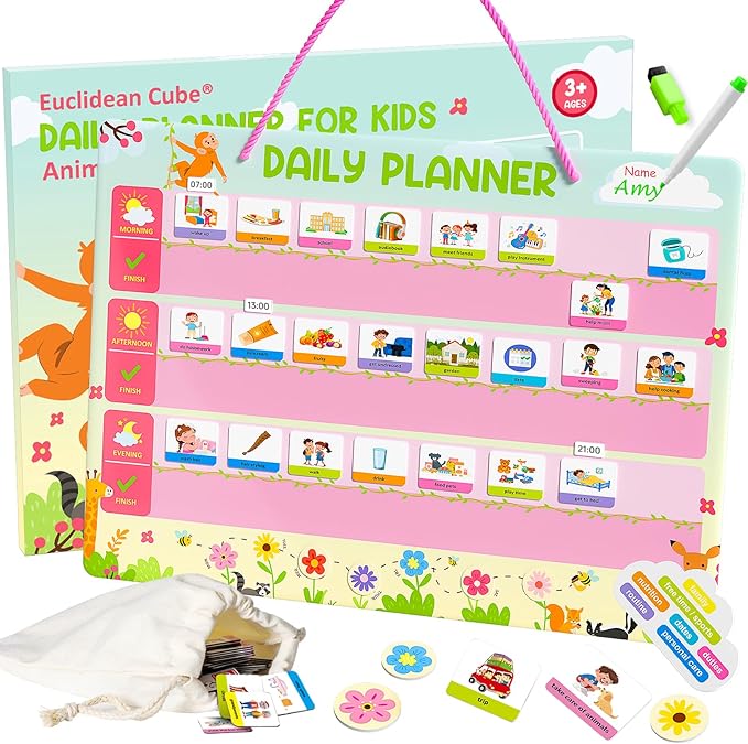 Daily Planner for Kids - Magnetic Behavior Board Calendar with 195 Magnets, Storage Bag, Cord & Pen - Daily Routine and Chore Chart - Visual Schedule for Kids 3+ Year Old (Animal Theme)