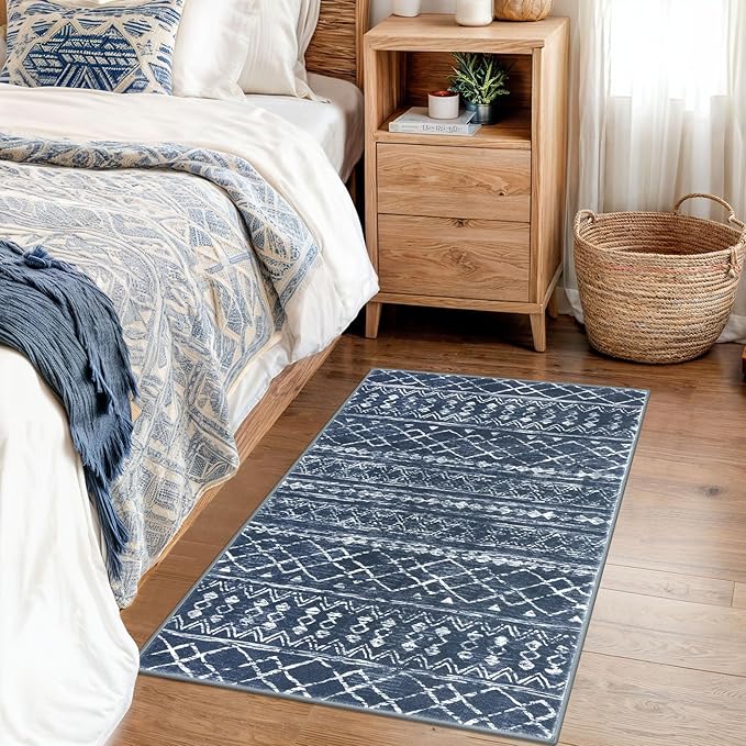 KUTA Moroccan Rugs for Entryway, 2x3 Navy Blue Entrance Small Area Rug, Non-Slip Washable Ultra Soft Vintage Geometric Low-Pile Indoor Door Mat Floor Carpet for Kitchen