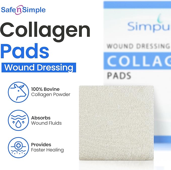 Collagen Dressing Pads - 2" x 2" 5 Count Collagen Pads for Wounds - Non-Adherent Collagen Dressing for Wound Care - Safe n' Simple Wound Care Supplies
