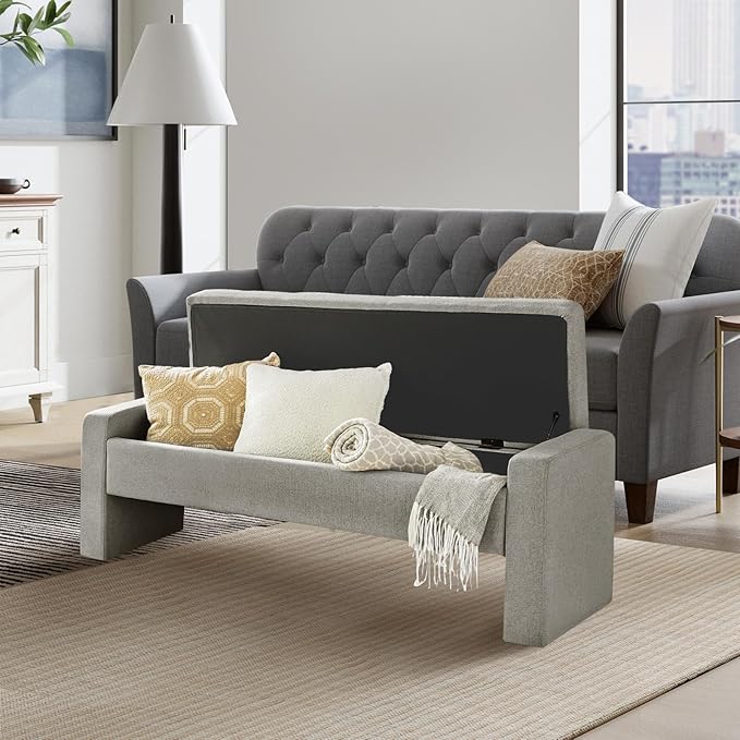 55" Modern Upholstered Storage Bench with Tufted Seat, Fabric Ottoman Bench for Bedroom, Entryway, or Living Room, Soft Close Hinge,Grey