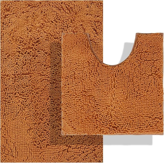 BOANKODU Bathroom Sets - 2 Soft Chenille Bath Mats, Non-Slip, 32x20 + 20x20 Inch U Shape, Machine Washable (Champagne)