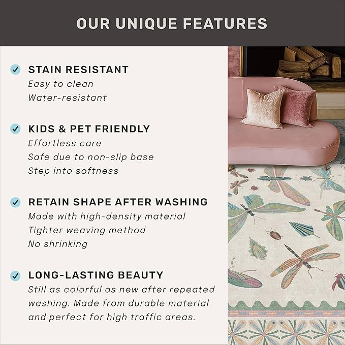 7x9 Green Butterfly Rugs for Kids Bedroom - Washable Insect Area Rug for Living Room, Dining Room Under Table, Boho Girls Room Décor, Low Pile Stain Resistant Carpet