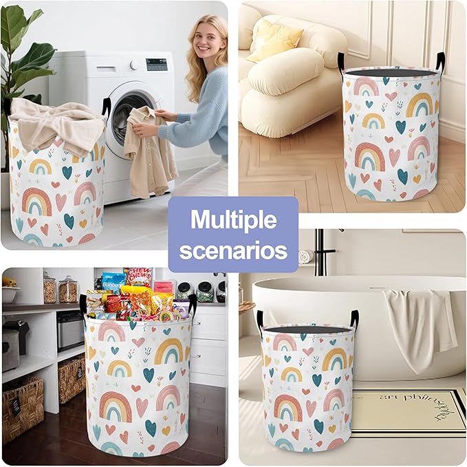 Laundry Basket,Cartoon Rainbow Large Canvas Fabric Lightweight Storage Hamper Organizer Dirty Clothes Collapsible Waterproof for College Dorms,Bathroom