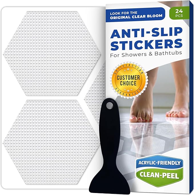 Anti-Slip Shower Stickers for Tub & Shower Floor — Original Clear Hex Non-Slip Bathtub Stickers, 24 Pack 3.25”, Micro-Pyramid Grip, Scraper Included, Easy Apply